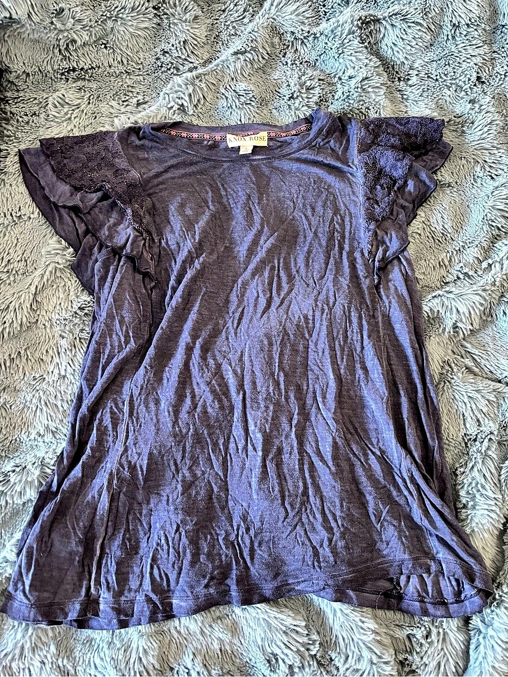 Knox Rose Short Sleeve Lace Ruffle Top in Purple Size Large